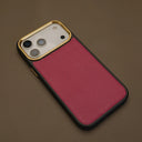 Rose France goat skin iphone 17 pro max with brown leather background