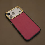 Rose France goat skin iphone 17 pro max with brown leather background