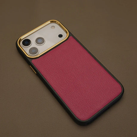 Rose France goat skin iphone 17 pro max with brown leather background
