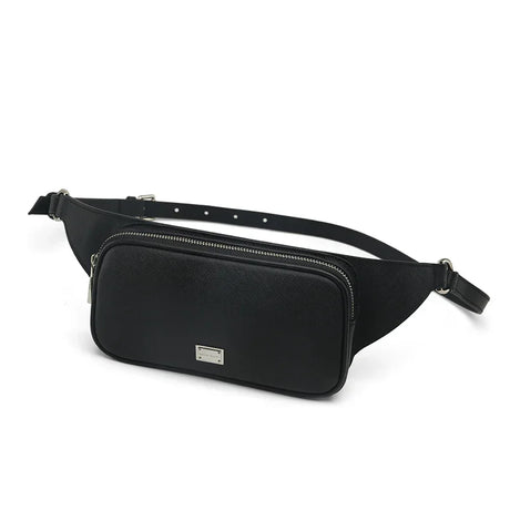 Black saffiano leather belt bag with a strap on a white background