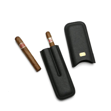 Black textured leather cigar case with two cigars, gold plaque, ideal for luxury travel and storage