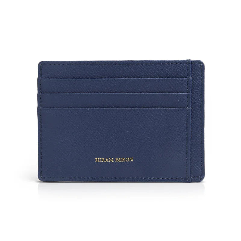 Navy blue cardholder with 'Hiram Beron' branding on a white background