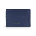 Navy blue cardholder with 'Hiram Beron' branding on a white background