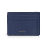 Navy blue cardholder with 'Hiram Beron' branding on a white background
