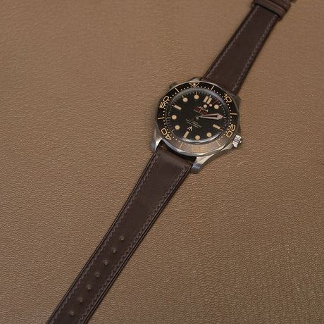Complete dark brown Badalassi Carlo Minerva Liscio leather watch band mounted on luxury titanium dive watch 