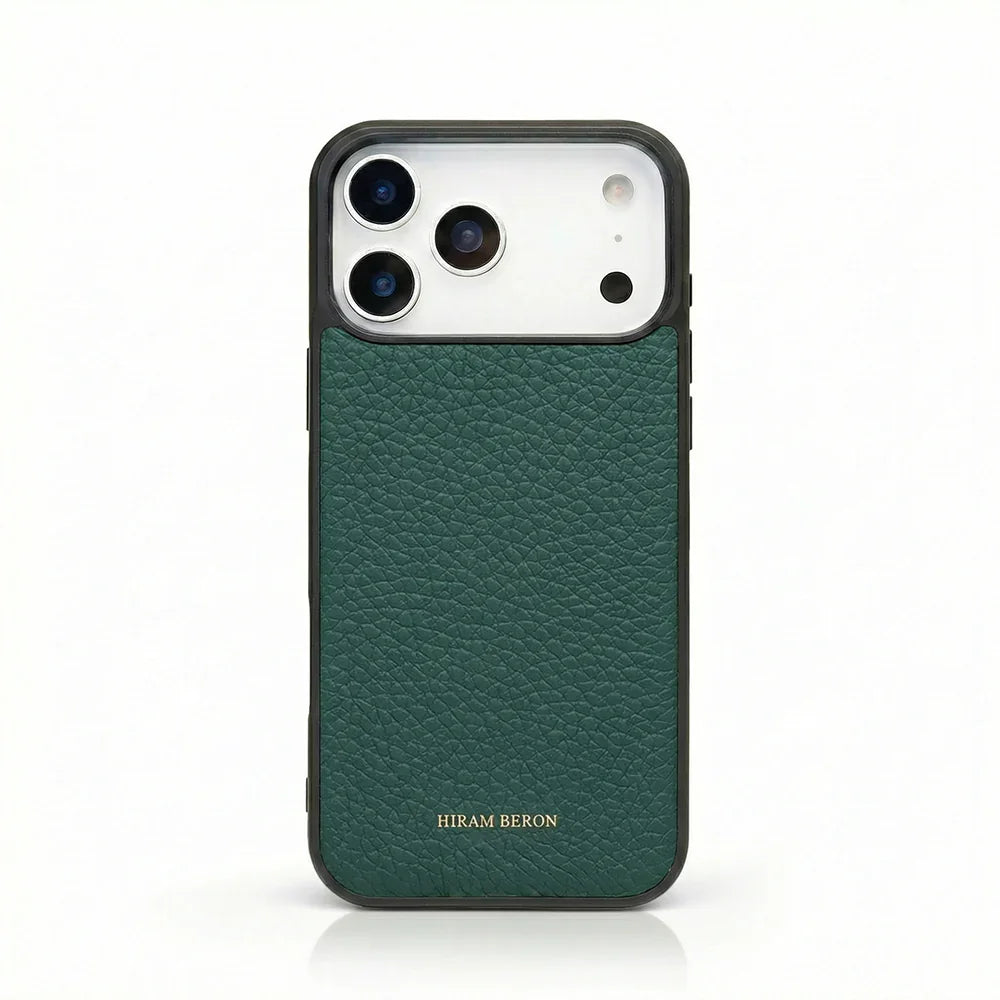 green pebble leather iphone 17 pro max case with white background