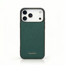 green pebble leather iphone 17 pro max case with white background