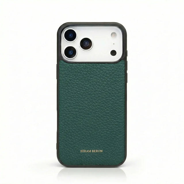 green pebble leather iphone 17 pro max case with white background