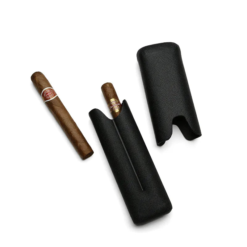 Black textured cigar case holding premium cigars, ideal for luxury travel and gift sets
