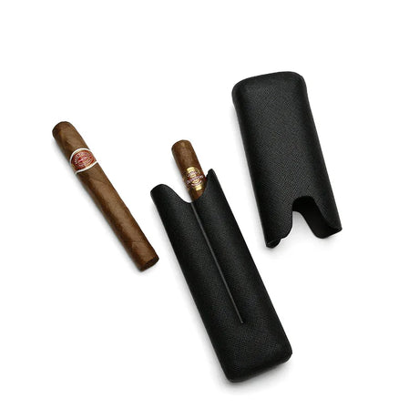 Black textured cigar case holding premium cigars, ideal for luxury travel and gift sets