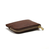 Brown leather wallet with gold zipper on a white background