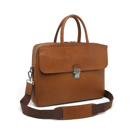 Brown Italian Veg-Tanned Leather Briefcase with shoulder strap on a white background