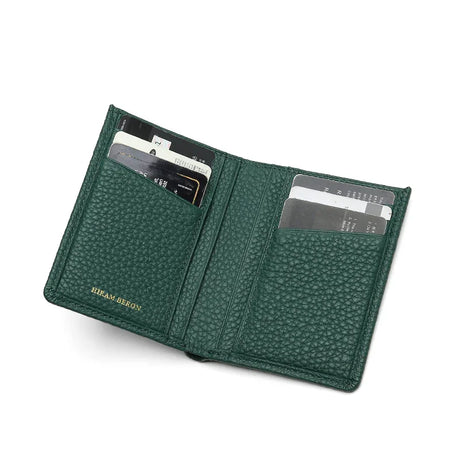 Green leather wallet with brand name HIRAM BERON on a white background