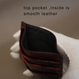 Close-up of a leather card holder with text indicating the top pocket is smooth.