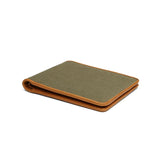 the detail of wrapped leather edge for the canvas wallet