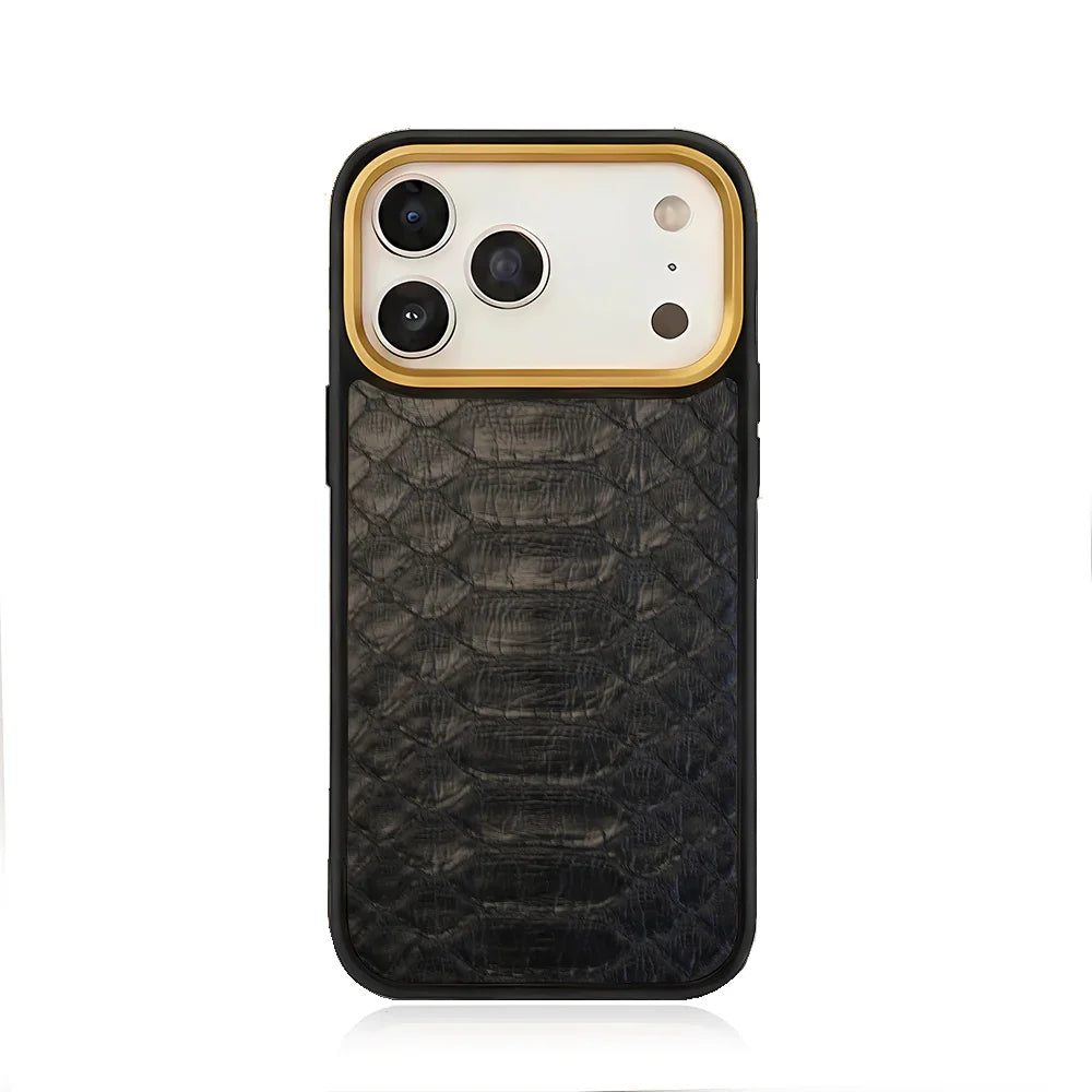 Black python skin phone case for iPhone 17 Pro max with white background