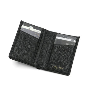 Black pebble slim leather wallet with card slots on a white background