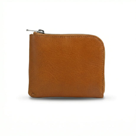 Tan full grain  leather coin wallet with a zipper on a white background