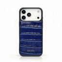 Luxury blue croc-embossed leather iPhone case with Hiram Beron branding, premium phone protection