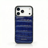 Luxury blue croc-embossed leather iPhone case with Hiram Beron branding, premium phone protection
