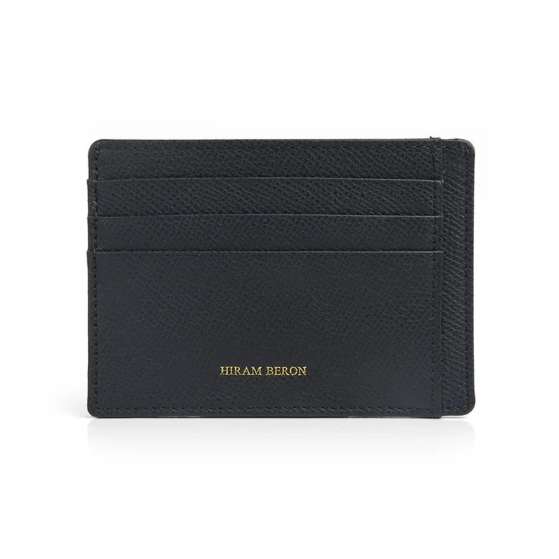 Black epsom leather cardholder with 'Hiram Beron' branding on a white background