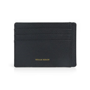 Black epsom leather cardholder with 'Hiram Beron' branding on a white background