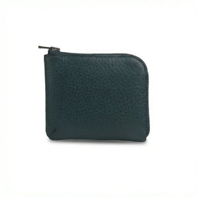 Dark green leather coin wallet with a zipper on a white background