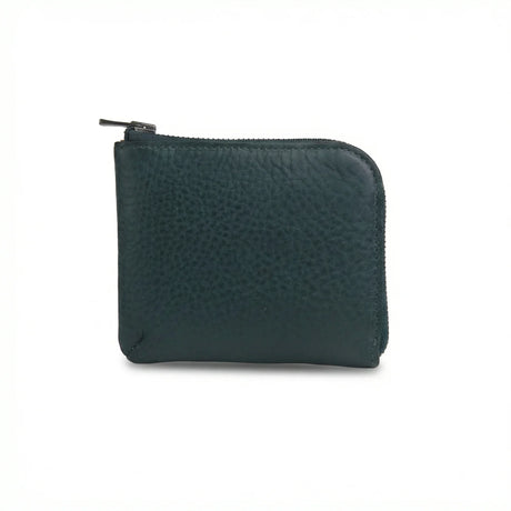 Dark green leather coin wallet with a zipper on a white background