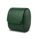 Green vegetable tanned leather watch storage case with 'Hiram Beron' branding on a white background