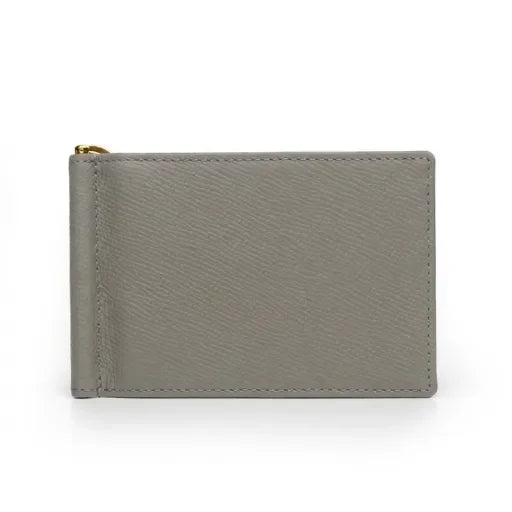 light grey leather wallet with money clip on a white background