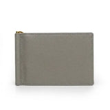 light grey leather wallet with money clip on a white background