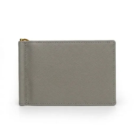 light grey leather wallet with money clip on a white background