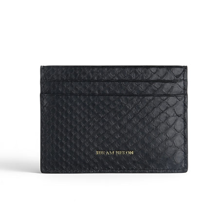 Black python card holder with brand name on a white background