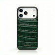 Luxury green crocodile texture iPhone case with Hiram Beron branding, premium leather design