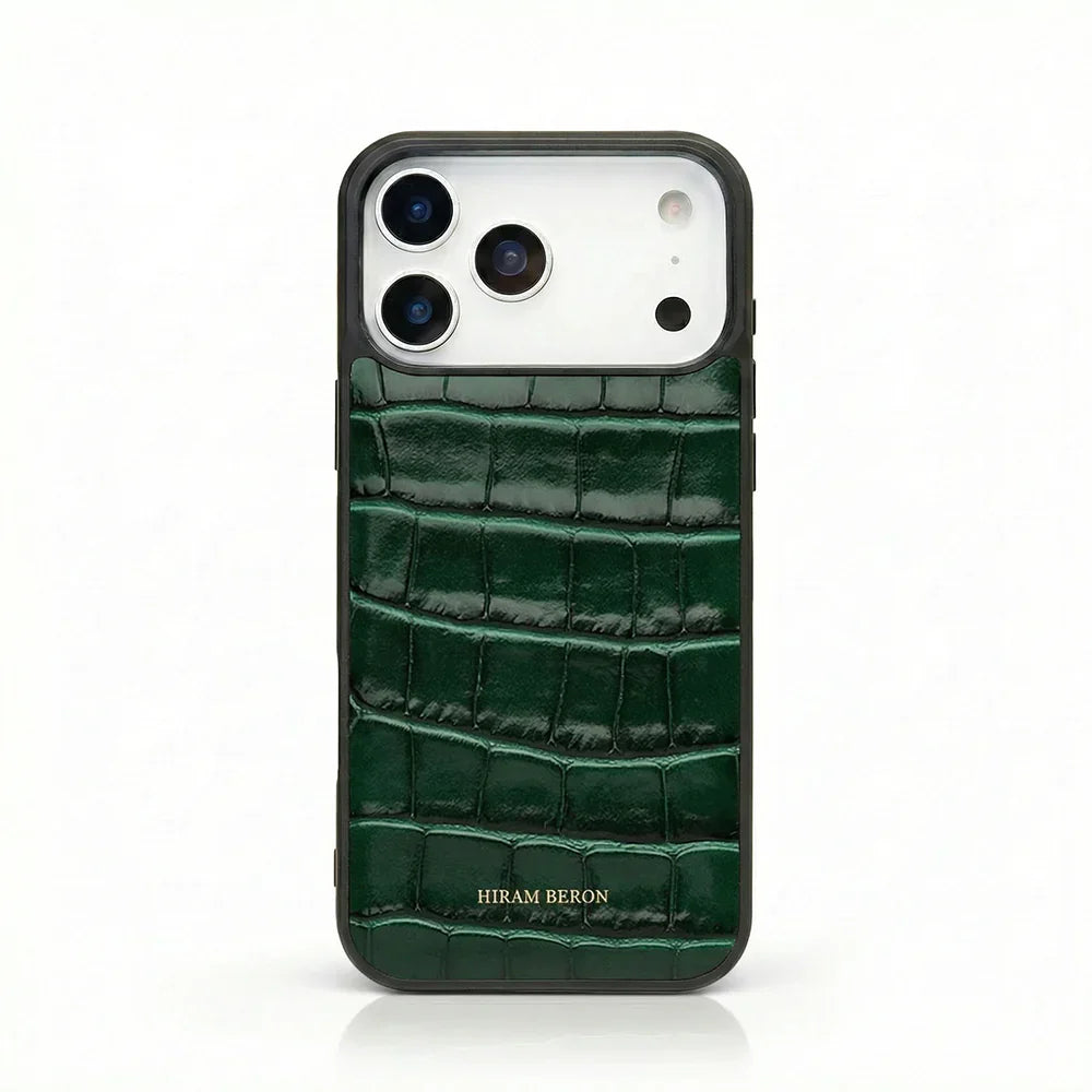 Luxury green crocodile texture iPhone case with Hiram Beron branding, premium leather design