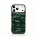 Luxury green crocodile texture iPhone case with Hiram Beron branding, premium leather design