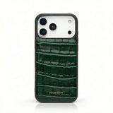Luxury green crocodile texture iPhone case with Hiram Beron branding, premium leather design