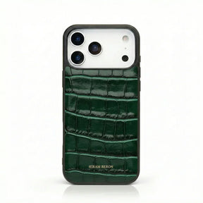 Luxury green crocodile texture iPhone case with Hiram Beron branding, premium leather design