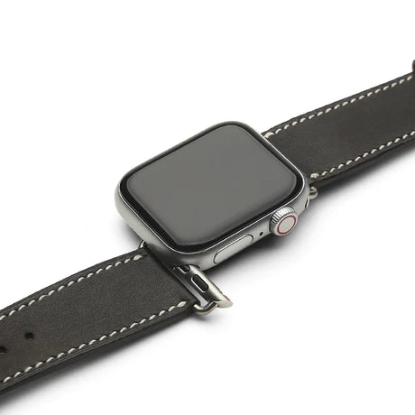 Smartwatch with a black leather strap on a white background
