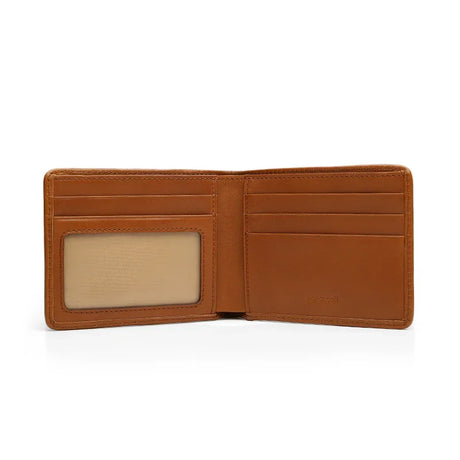 Brown leather wallet open on a white background