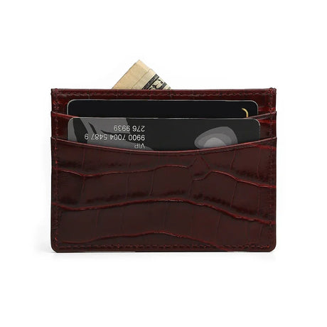 backview of the burgundy card holder with 2 credit card slots 