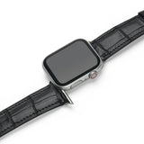 Smartwatch with a black aligator leather watch strap on a white background