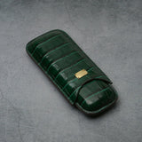 Green crocodile-textured leather cigar case with gold plaque, luxury travel accessory