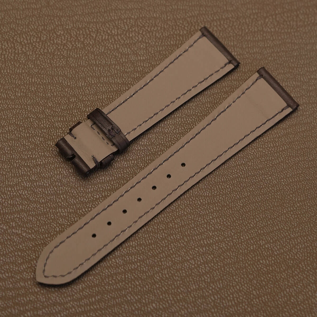 French Haas Zermatt waterproof calfskin lining on custom dark brown Barenia leather watch strap   