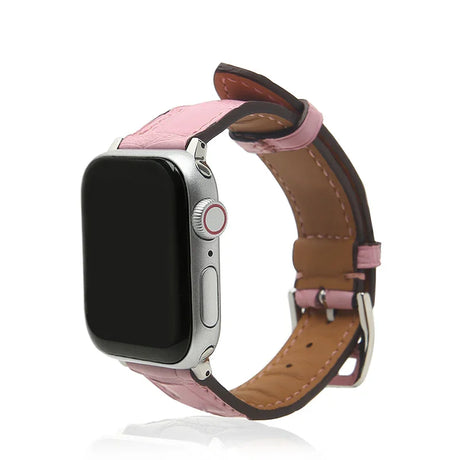 Smartwatch with a pink and brown leather strap on a white background