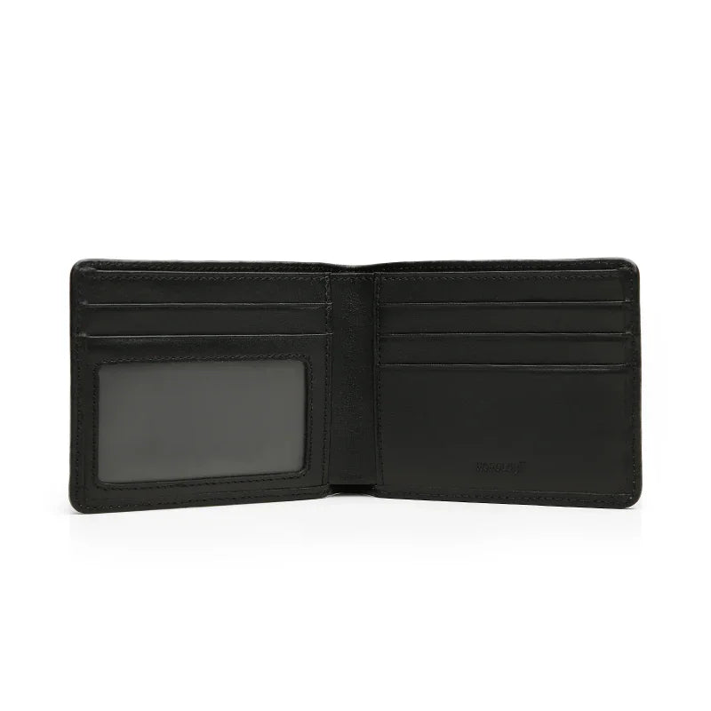 Black leather wallet open on a white background