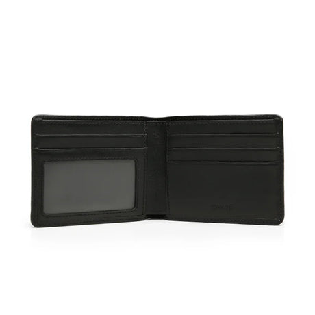 Black leather wallet open on a white background