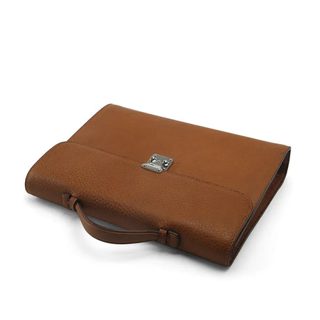 Brown leather tablet briefcases with a silver clasp on a white background