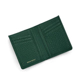Green pebble slim leather wallet with brand name on a white background