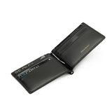 Black leather wallet with card slots on a white background